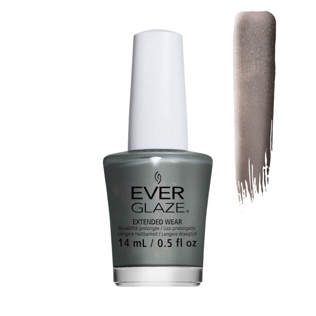 Ever Glaze Extended Wear nail polish in a metallic taupe-gray shade, shown in a 14 mL bottle with a vertical swatch of the polish on the right against a white background.