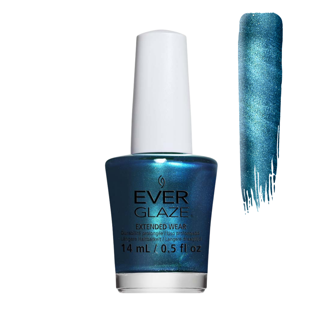 A bottle of Ever Glaze nail polish in a shimmering metallic teal-blue shade, shown next to a vertical swatch of the same color on a white background.