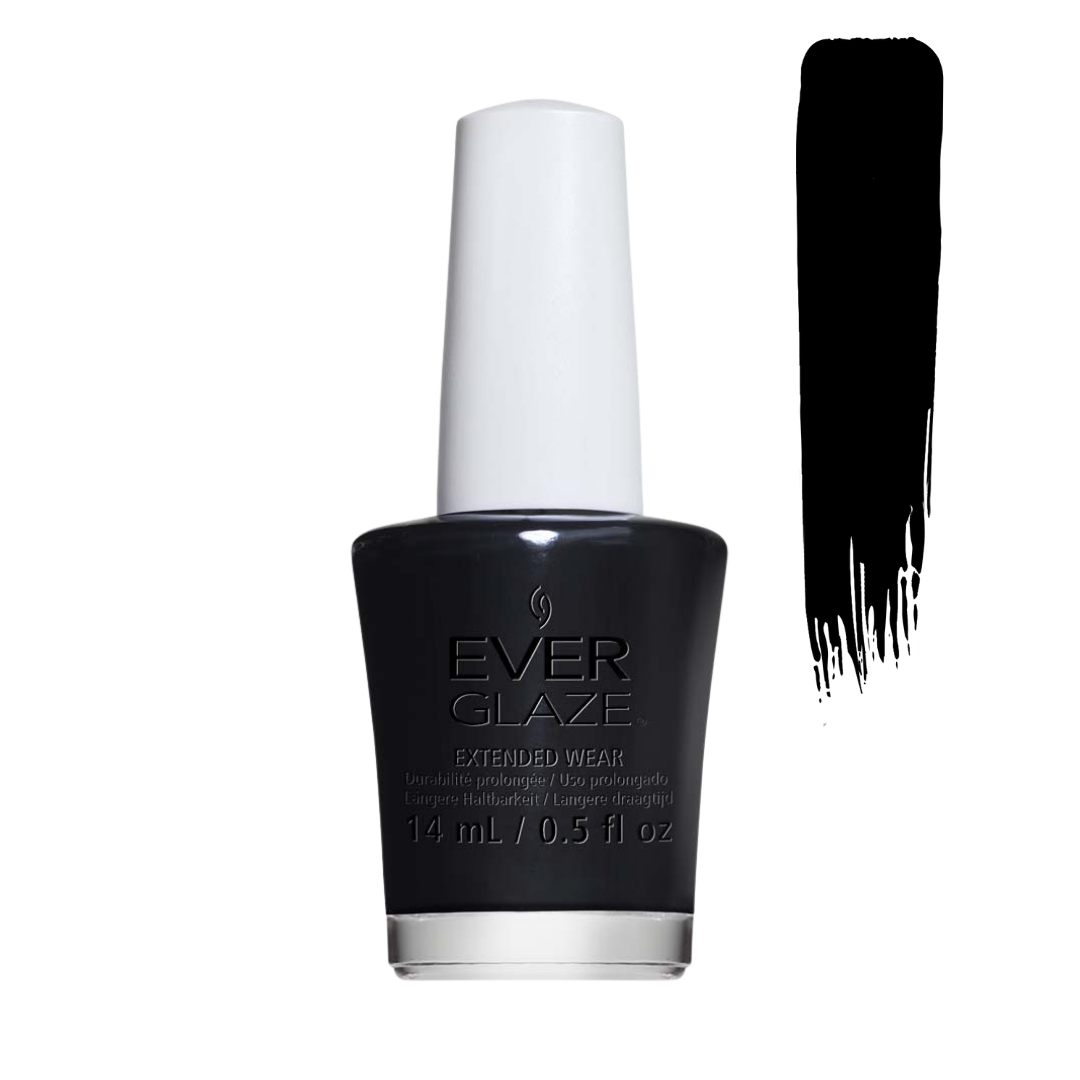 Ever Glaze black nail polish bottle with a white cap, shown next to a black nail polish swatch on a white background.