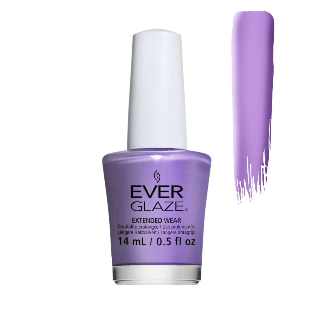 A bottle of Ever Glaze Extended Wear nail polish in a light purple shade, shown next to a vertical swatch of the same purple color on a white background.