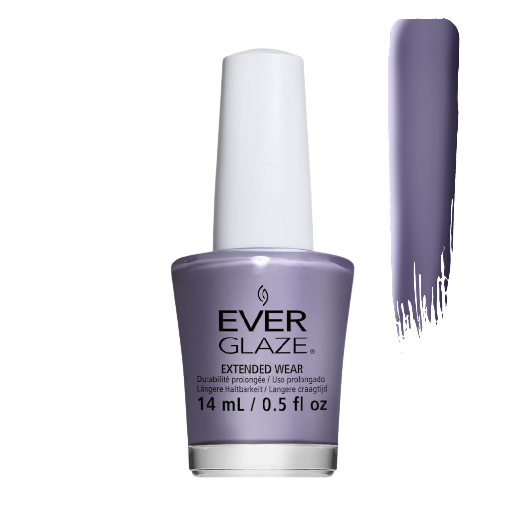 A bottle of Ever Glaze Extended Wear nail polish in a muted purple shade, shown next to a vertical swatch of the same purple color on a white background.