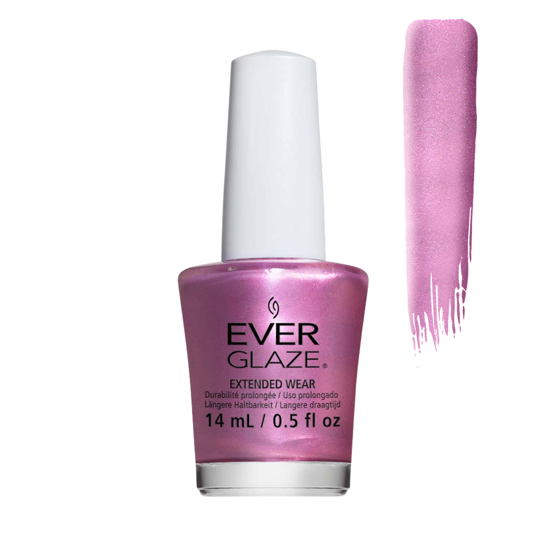 A bottle of Ever Glaze Extended Wear nail polish in a shimmering metallic pink shade, shown next to a vertical swatch of the same pink polish on a white background.