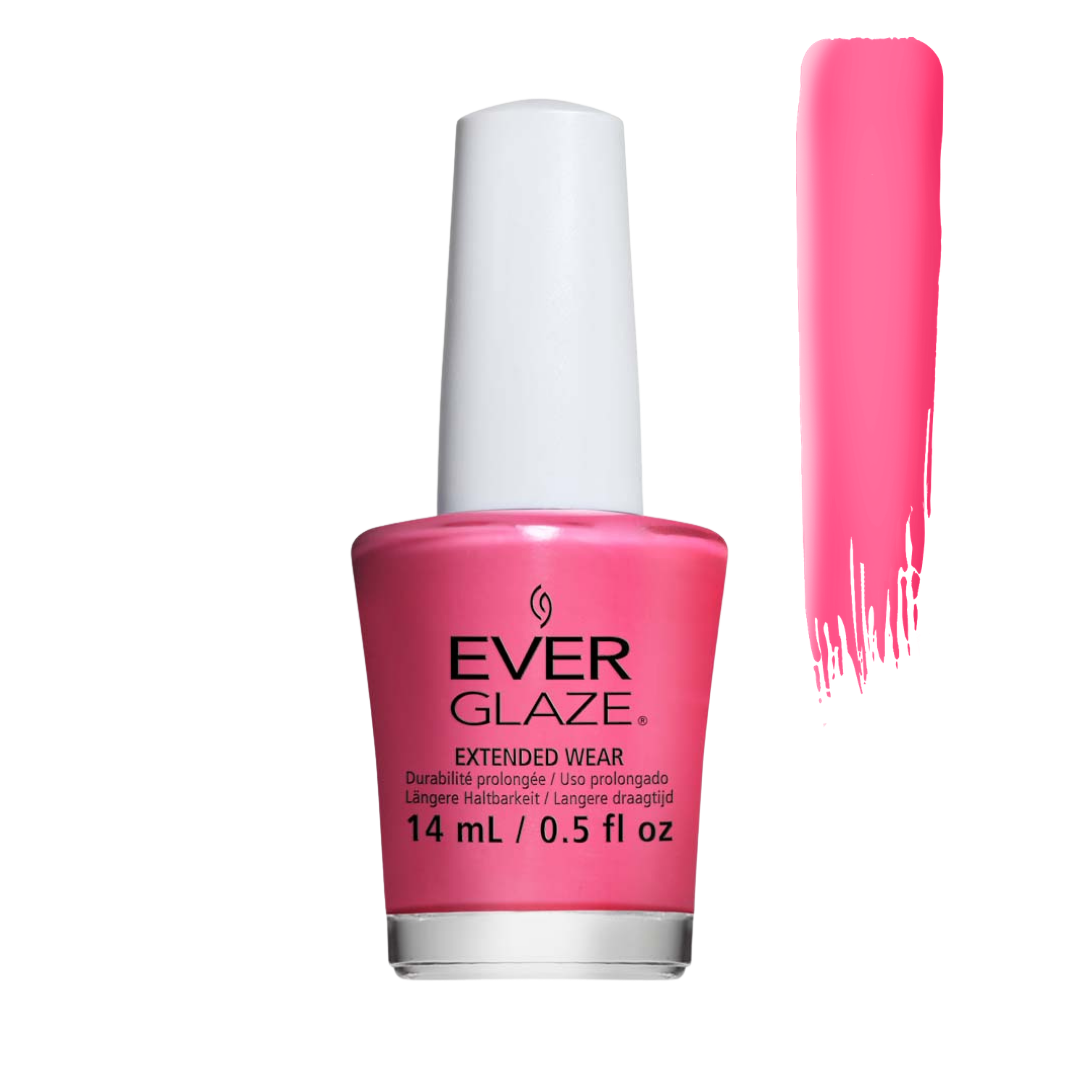 Ever Glaze nail polish bottle in a bright pink shade with a white cap, shown next to a vertical swatch of the pink polish on a white background.