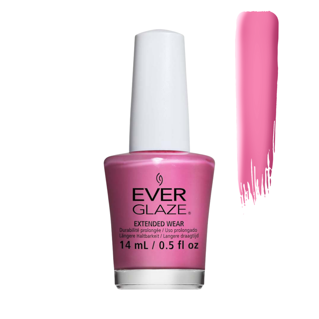 Ever Glaze nail polish in a bright pink shade, shown in a 14 mL bottle with a white cap next to a vertical swatch of the polish color on a white background.