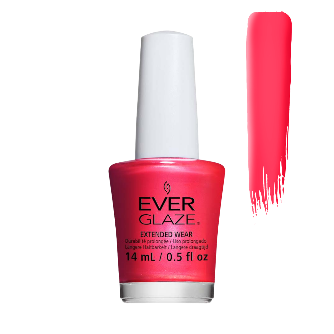 Ever Glaze nail polish in a bright coral-pink shade, shown in a 14 mL bottle with a white cap next to a vertical swatch of the polish color on a white background.