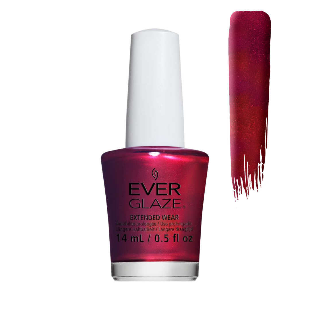 Ever Glaze nail polish in a deep berry red shade, shown in a 14 mL bottle with a white cap next to a vertical swatch of the polish color.
