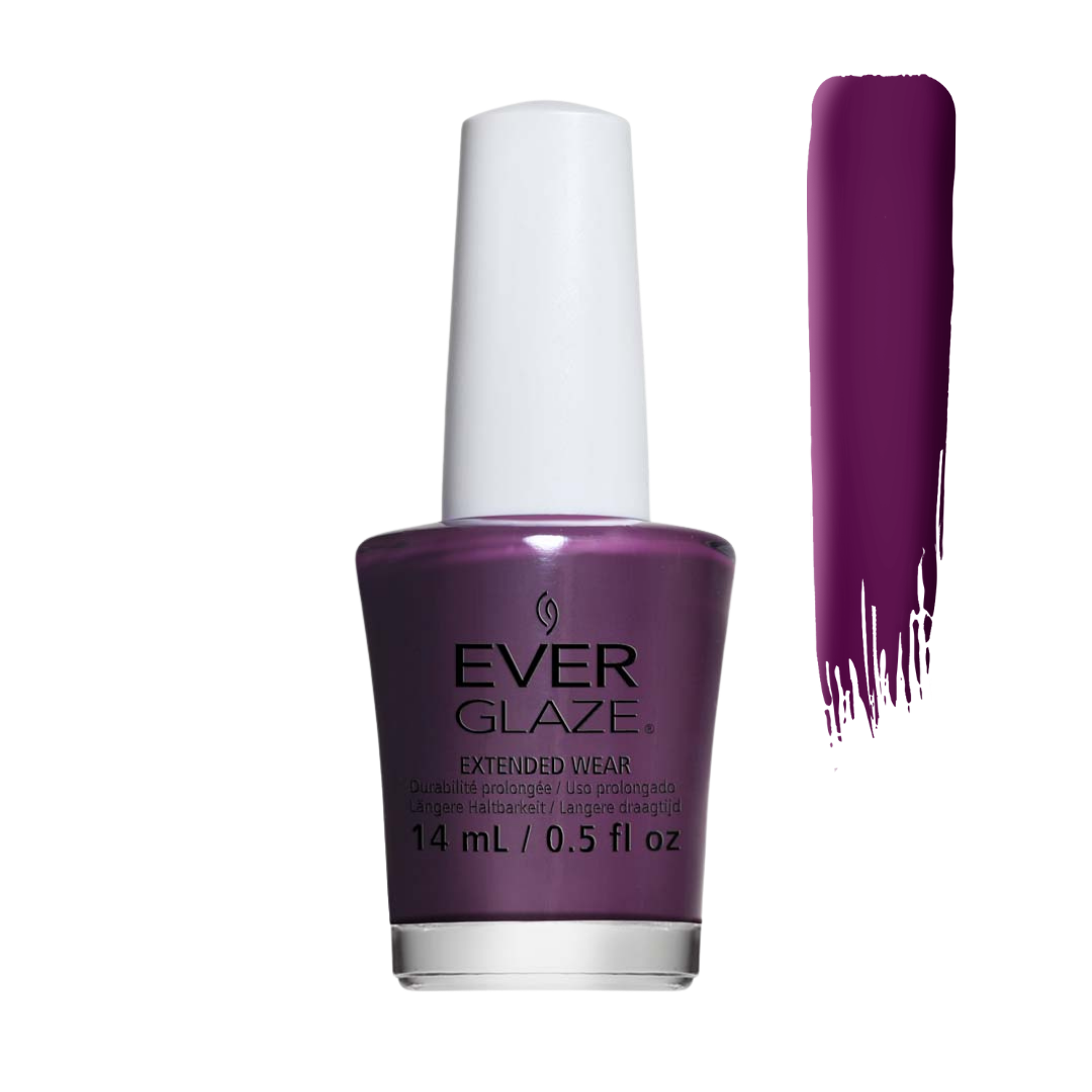 Ever Glaze nail polish in a deep plum purple shade, shown in a 14 mL bottle with a white cap next to a vertical swatch of the polish color on a white background.