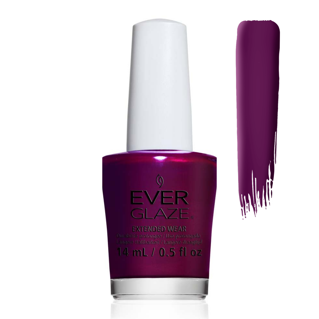 Ever Glaze nail polish in a deep plum purple shade, shown in a 14 mL bottle with a white cap next to a vertical swatch of the polish color.