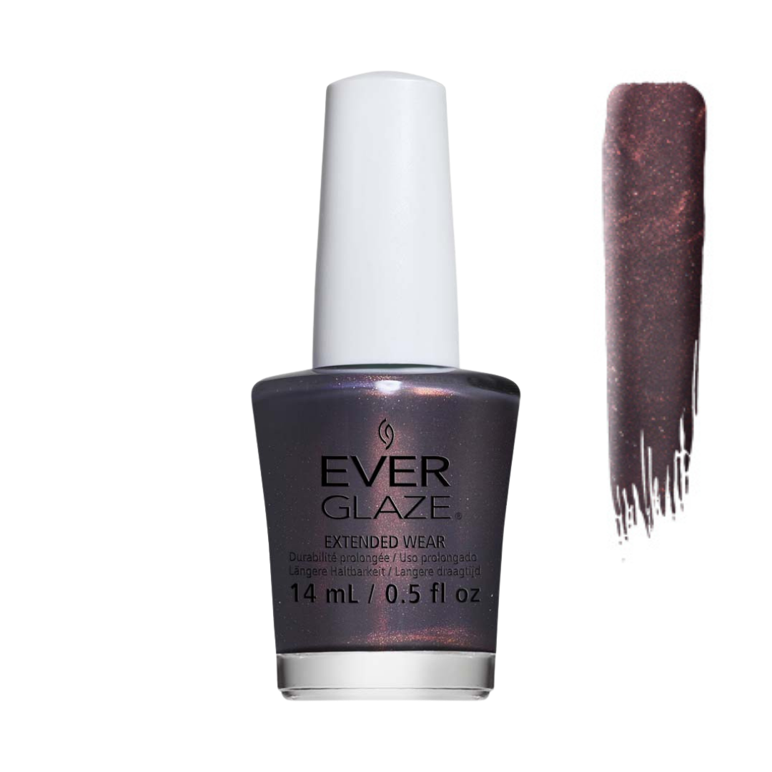 Ever Glaze nail polish bottle in a deep shimmery plum-brown shade, shown with a vertical swatch of the glittery polish on a white background.
