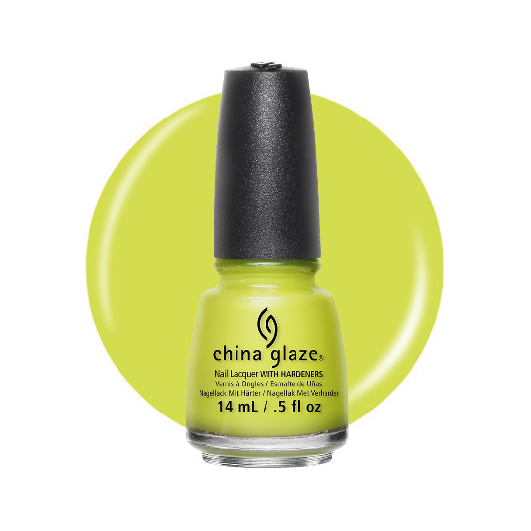 A bottle of China Glaze nail polish in a bright chartreuse/lime green shade, shown against a white background with a matching lime green circular color swatch behind it.