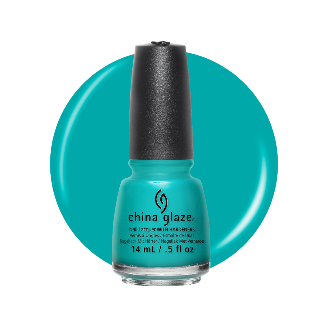 A bottle of China Glaze nail polish in a bright turquoise shade, set against a matching turquoise circular background on a white studio backdrop.