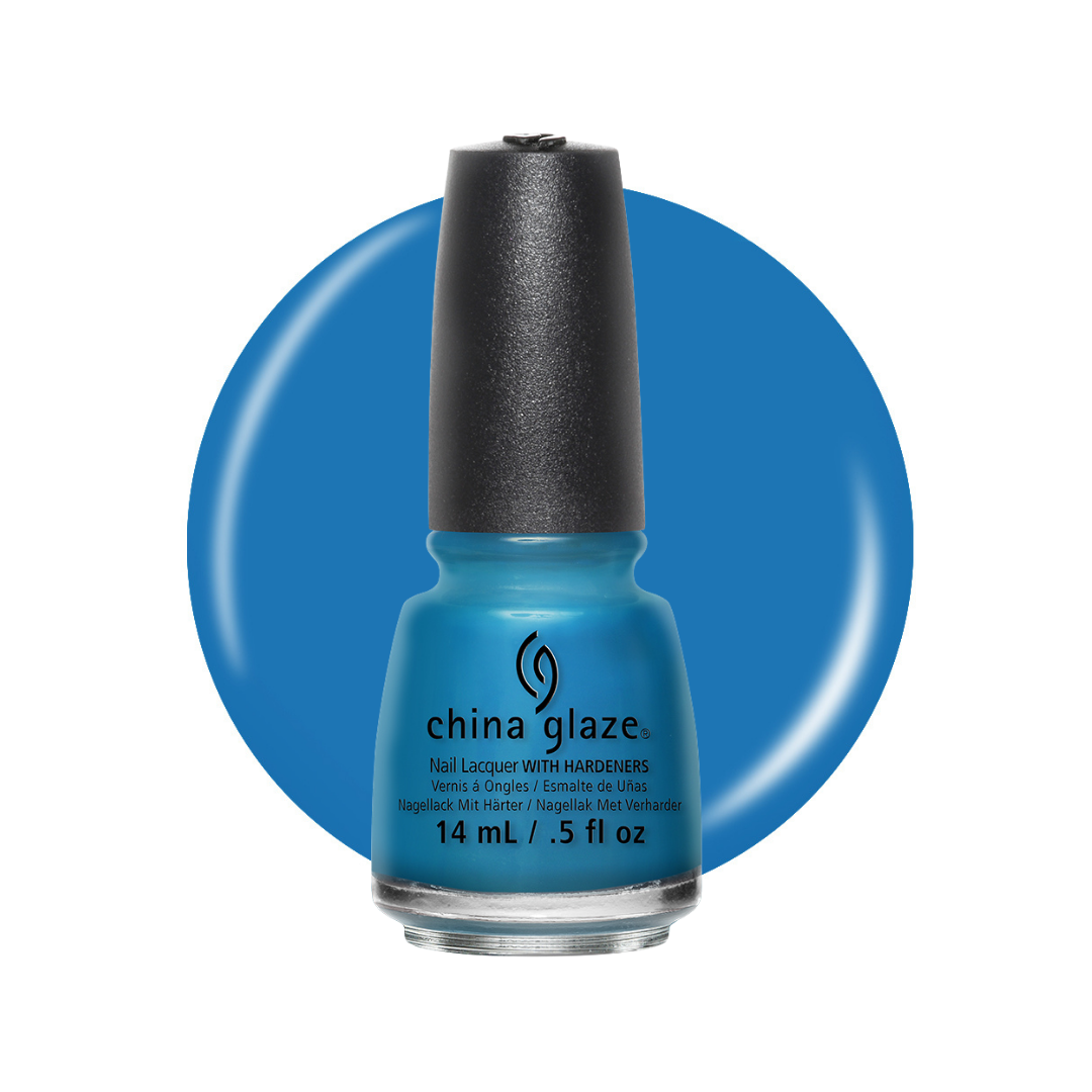 A bottle of China Glaze nail polish in a bright medium blue shade, shown against a white background with a large matching blue color circle behind it.