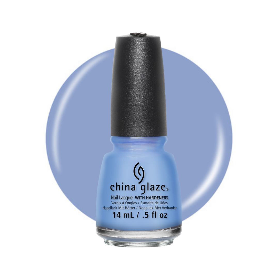 A bottle of China Glaze nail polish in a light periwinkle blue shade, set against a matching circular color swatch on a white background.