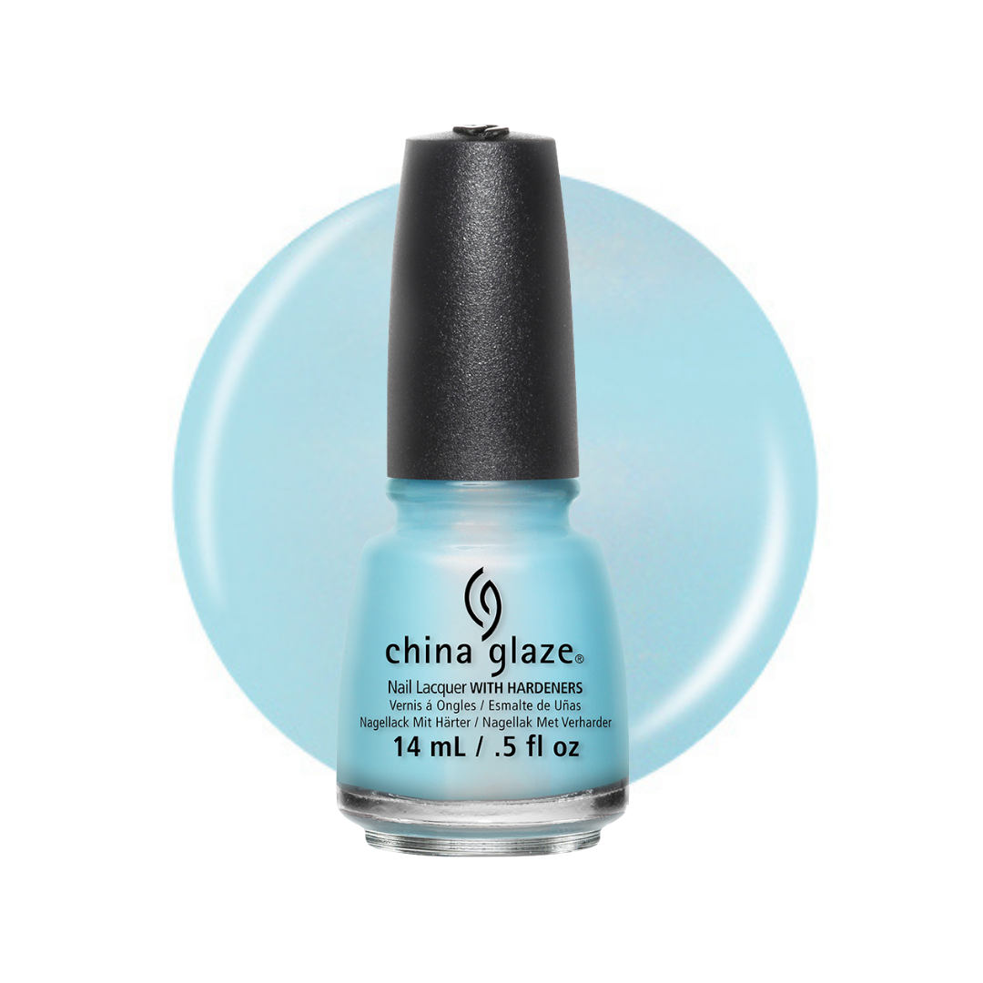 A bottle of China Glaze nail polish in a light icy blue shade, shown against a matching light blue circular swatch on a white background.