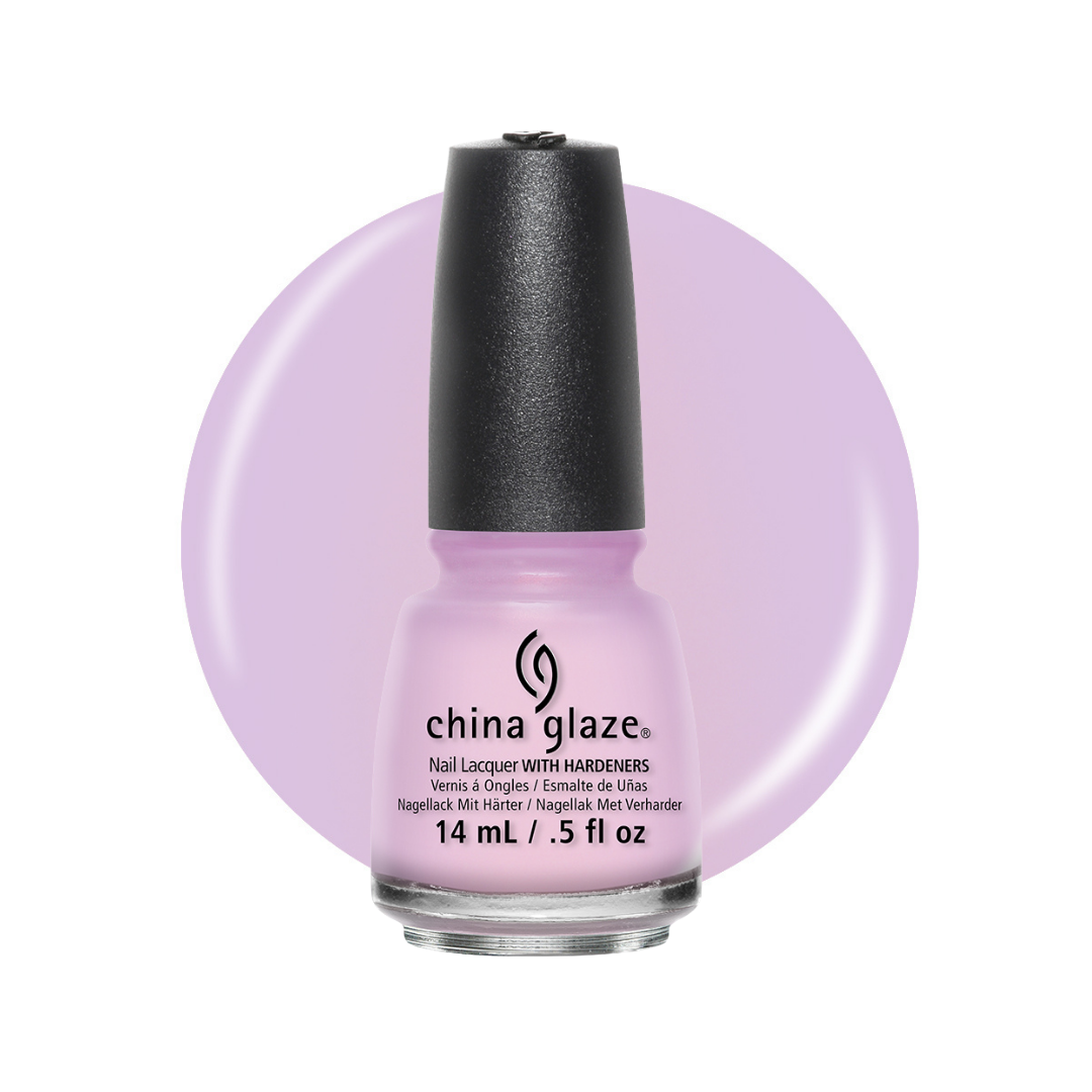 A bottle of China Glaze nail polish in a light lavender purple shade, shown against a white background with a matching lavender circular color swatch behind it.