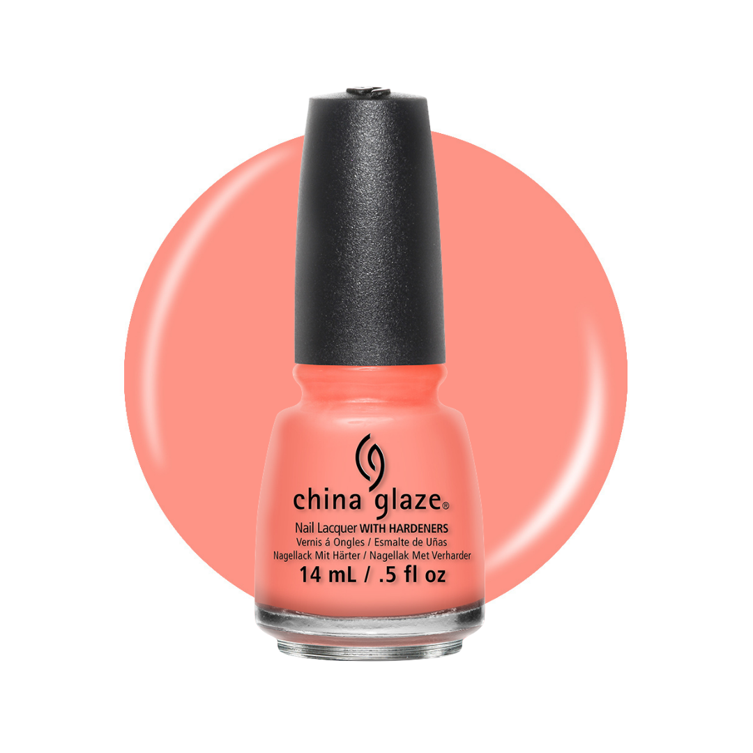 A bottle of China Glaze nail polish in a coral pink shade, set against a matching circular color swatch on a white background.