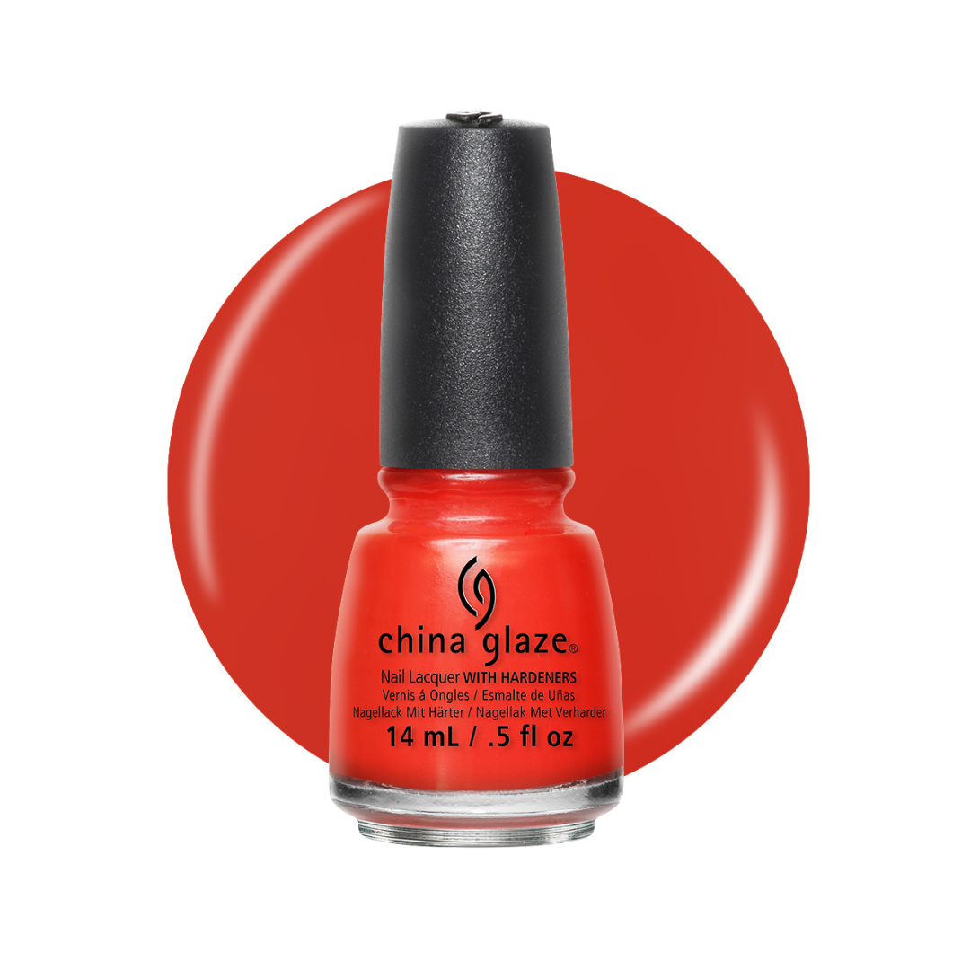 A bottle of China Glaze nail polish in a vibrant red-orange shade, set against a matching red-orange circular color swatch on a white background.