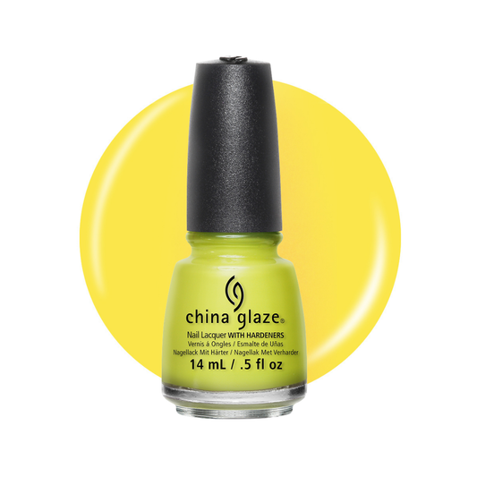 A bottle of China Glaze nail lacquer in a bright chartreuse yellow-green shade, set against a large matching yellow circular swatch on a white background.