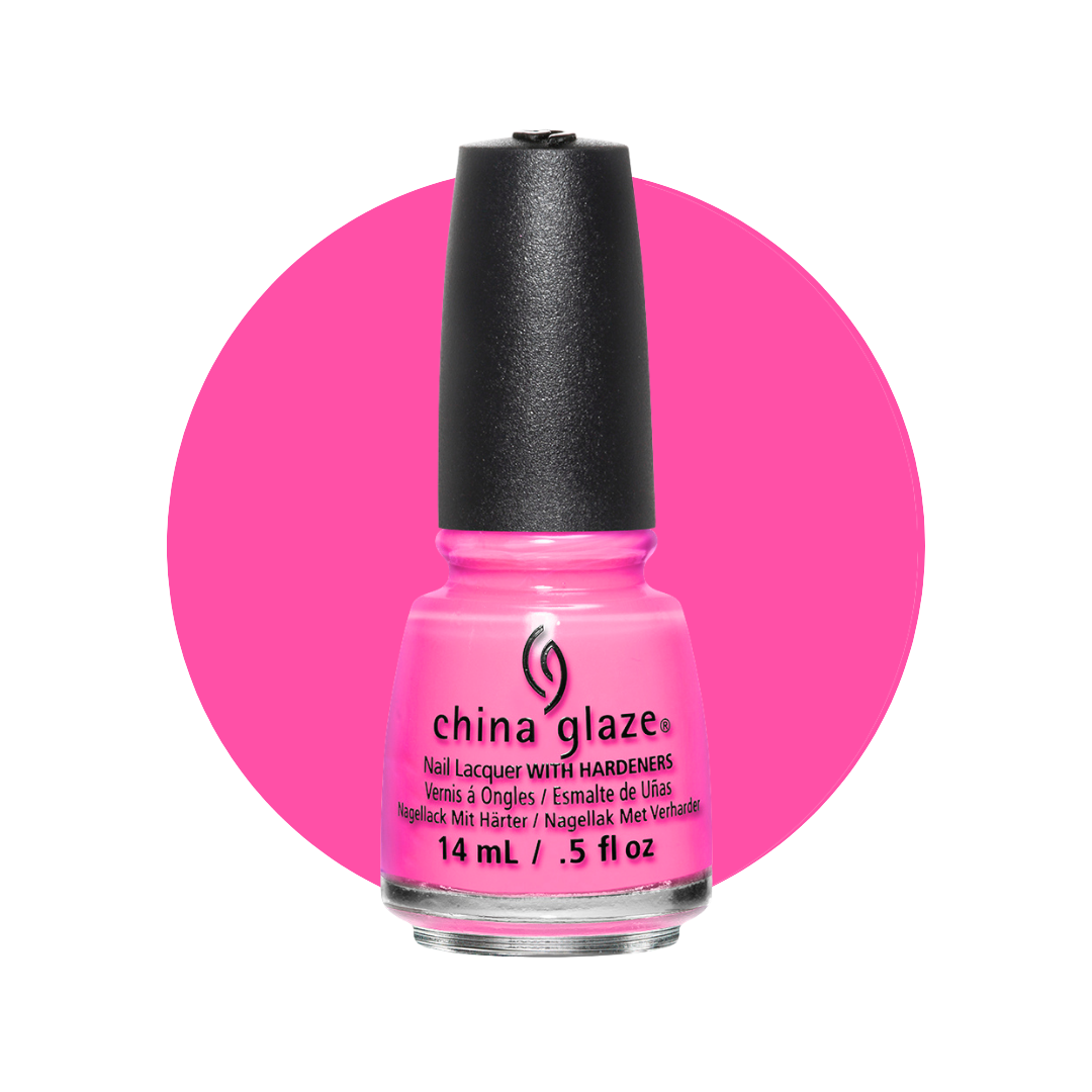 A bottle of China Glaze nail polish in a bright pink shade, shown against a white background with a matching hot pink color swatch behind it.