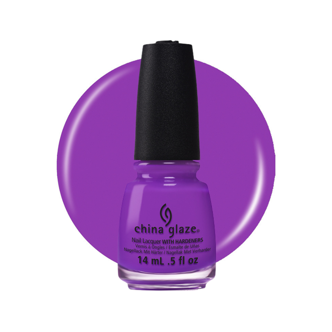 A bottle of China Glaze nail polish in a vibrant purple shade, set against a matching purple circular color swatch on a white background.