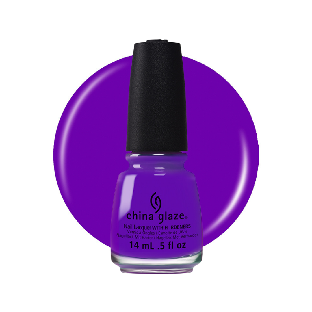 A bottle of China Glaze nail lacquer in a vibrant purple shade, set against a matching purple circular color swatch on a white background.