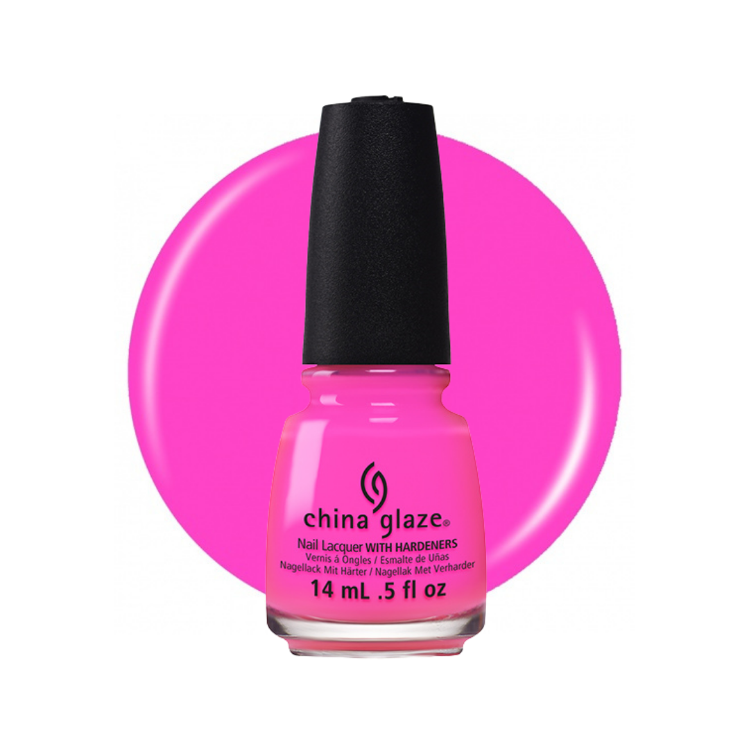 A bottle of China Glaze nail polish in a bright hot pink shade, set against a matching hot pink circular swatch on a white background.