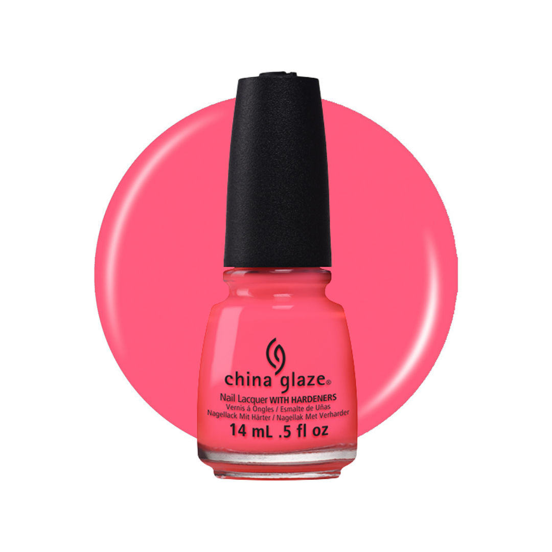 A bottle of China Glaze nail polish in a bright coral pink shade, shown against a matching circular color swatch on a white background.