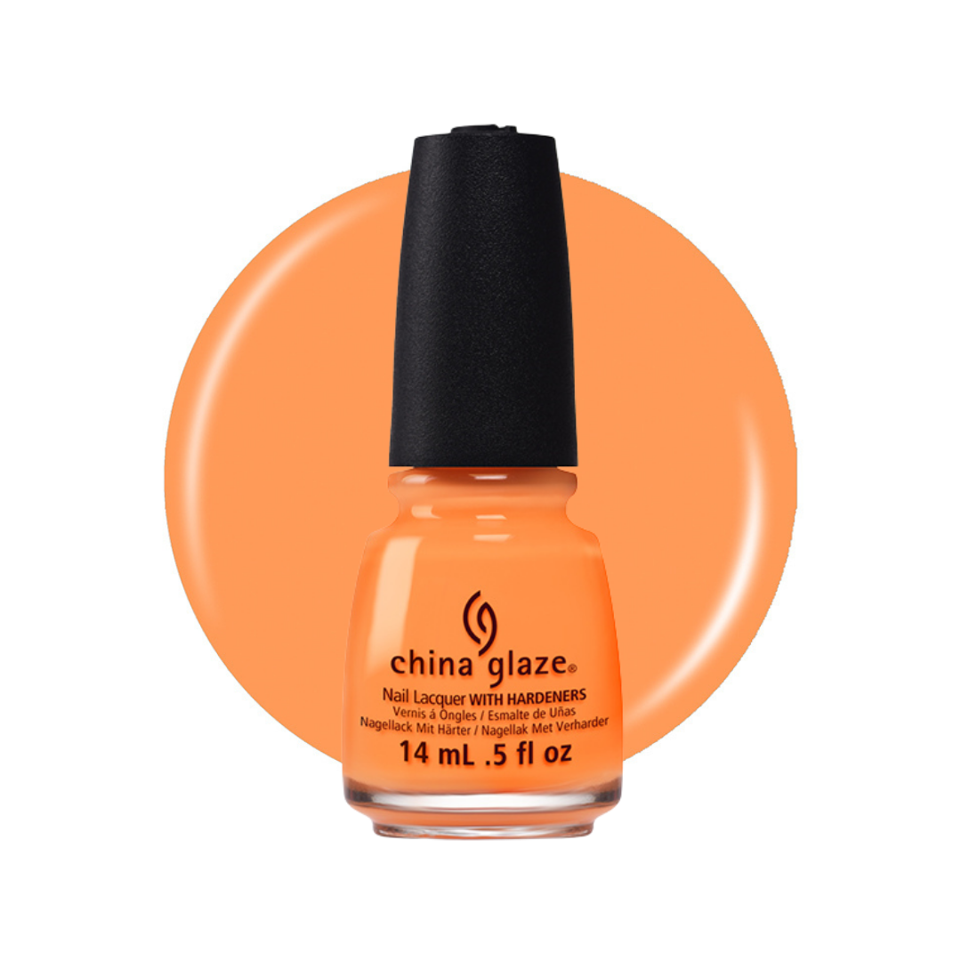 A bottle of China Glaze nail polish in a bright orange shade, shown against a white background with a matching orange color circle behind it.