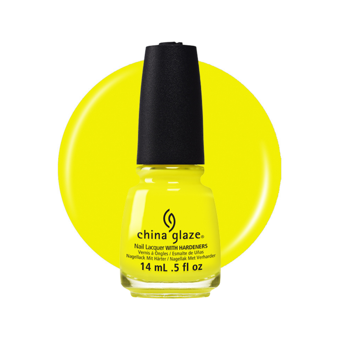 A bottle of China Glaze nail polish with hardmatters in the shade Yellow, featuring a black cap and a bright yellow circular color swatch behind it on a white background.