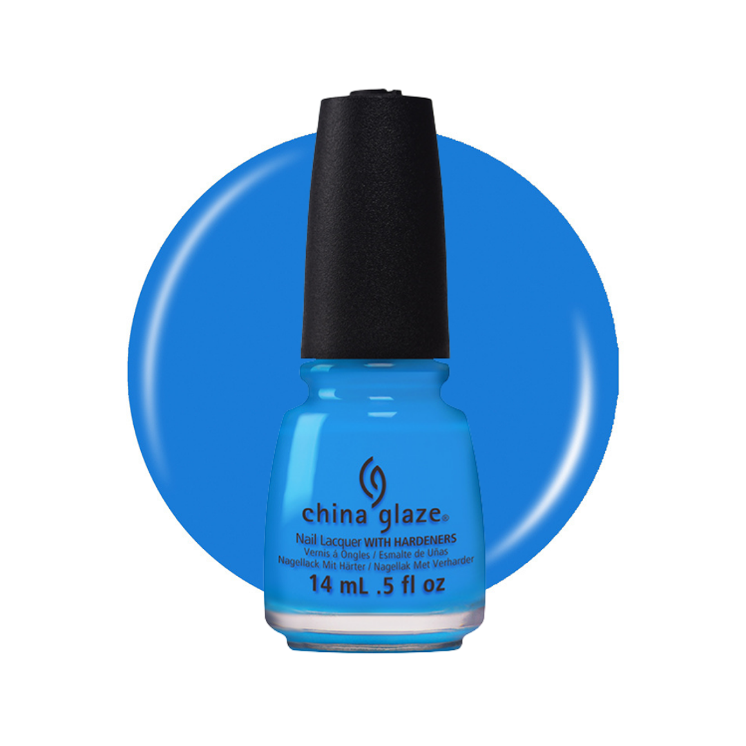 A bottle of China Glaze nail polish with hardeners in a bright medium blue shade, shown against a white background with a large matching blue circular color swatch behind it.