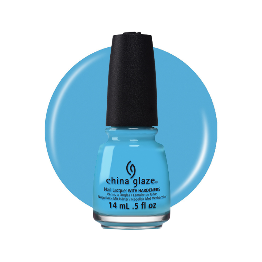 A bottle of China Glaze nail polish with hardeners in a bright light blue shade, shown against a white background with a matching light blue circular color swatch behind it.