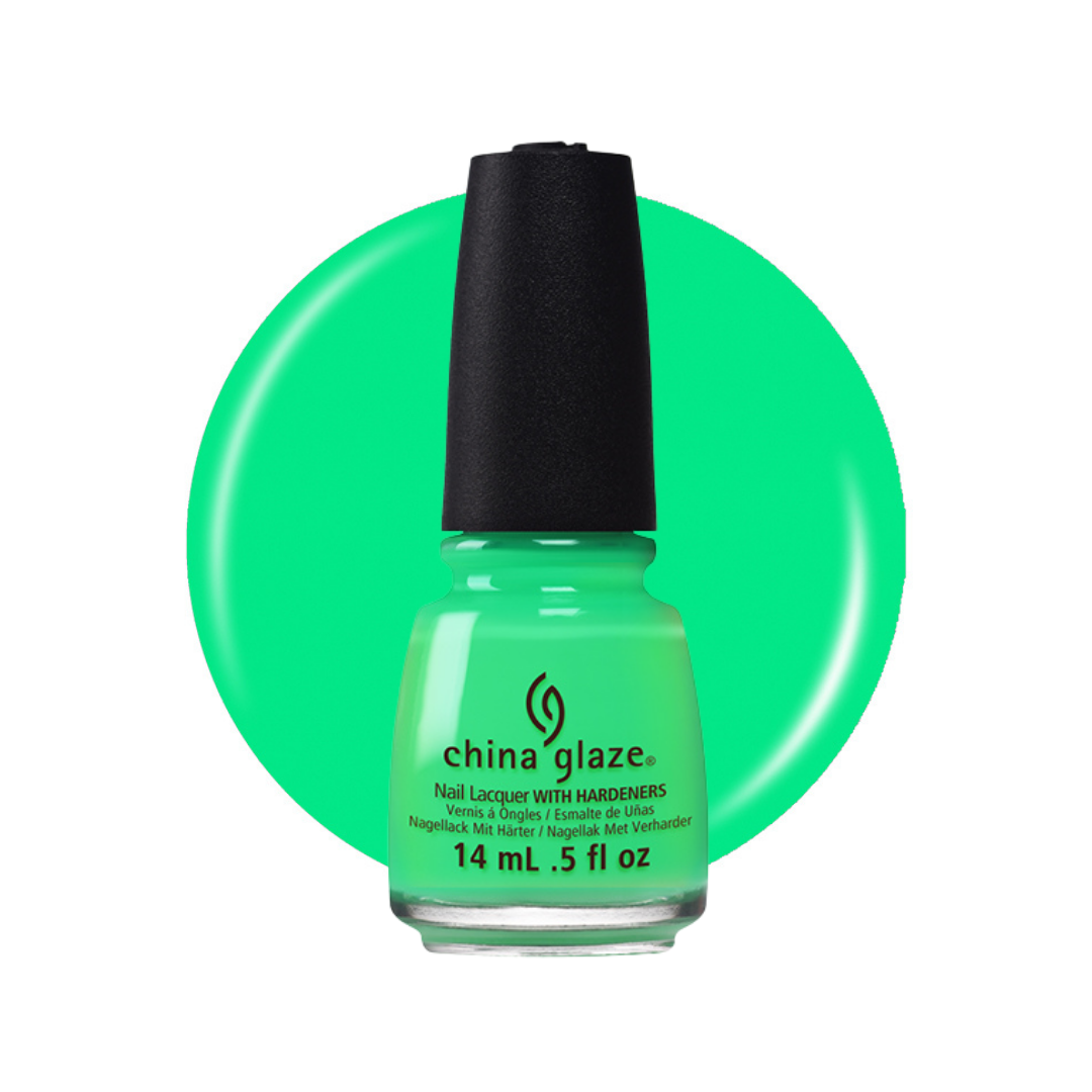 A bottle of China Glaze nail lacquer with hardeners in a bright neon green shade, set against a matching green circular color swatch on a white background.