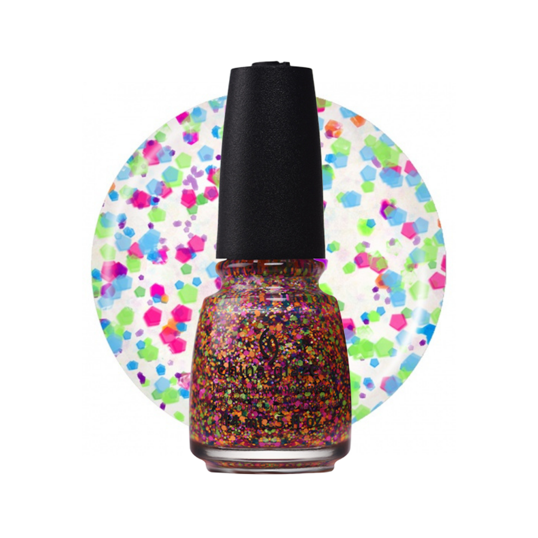 A China Glaze bottle of nail polish filled with dense multicolor glitter, featuring a black cap and a circular white background swatch behind it decorated with colorful paint splatters.