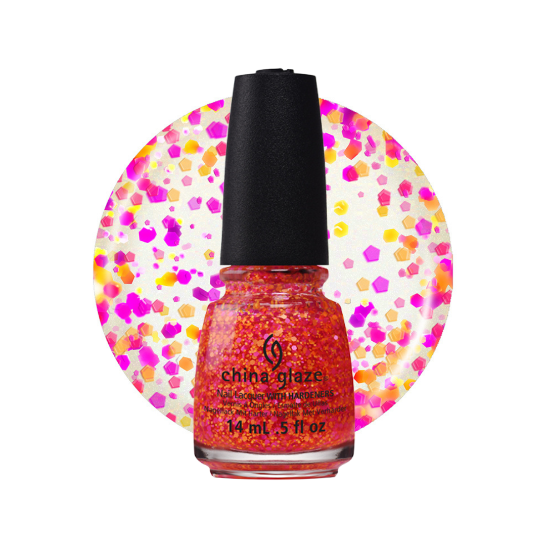 A bottle of China Glaze glitter nail polish in a bright orange-red shade with fine gold glitter, set against a circular white background patterned with pink, purple, and yellow confetti.