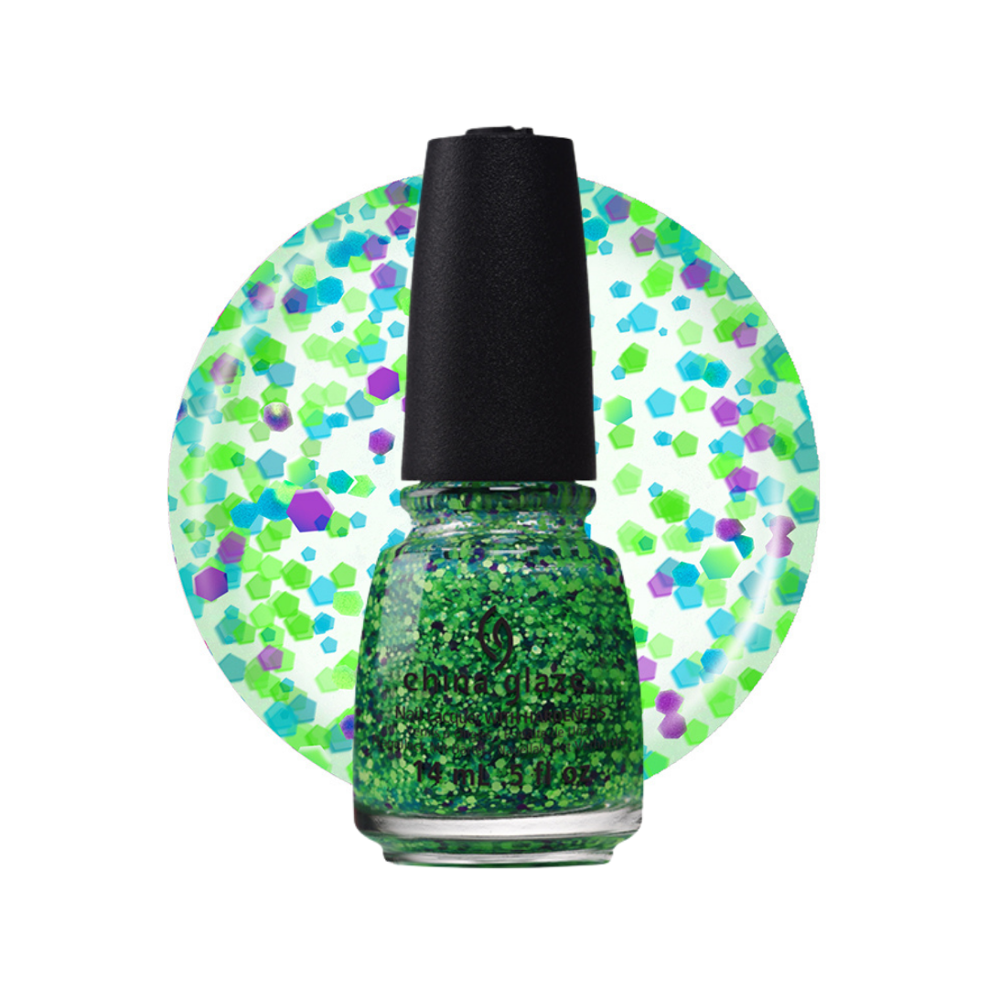 A China Glaze bottle of green glitter nail polish with a black cap, centered in front of a circular swatch showing the same green glitter polish mixed with purple and blue confetti-like speckles on a white background.