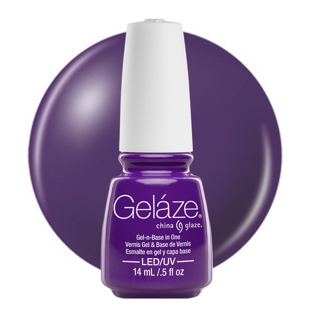 A bottle of Geláze China Glaze LED gel nail polish in a deep purple shade, shown in front of a matching circular color swatch on a white background.
