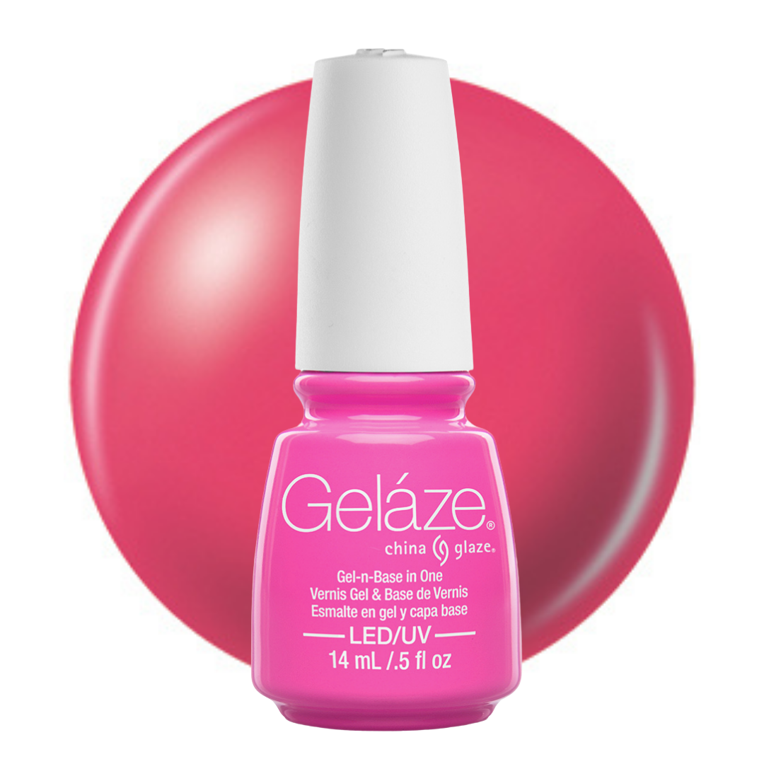 A bottle of Geláze China Glaze gel nail polish featuring a vibrant hot pink color with a white cap, set against a matching hot pink circular background on a white studio backdrop. 