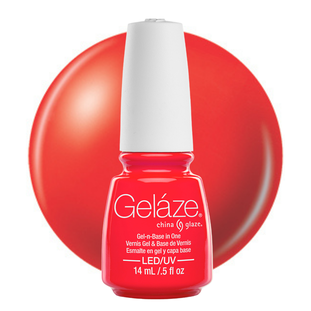 A bottle of Geláze nail polish in a bright orange-red shade, shown against a large matching red circular backdrop on a white background.