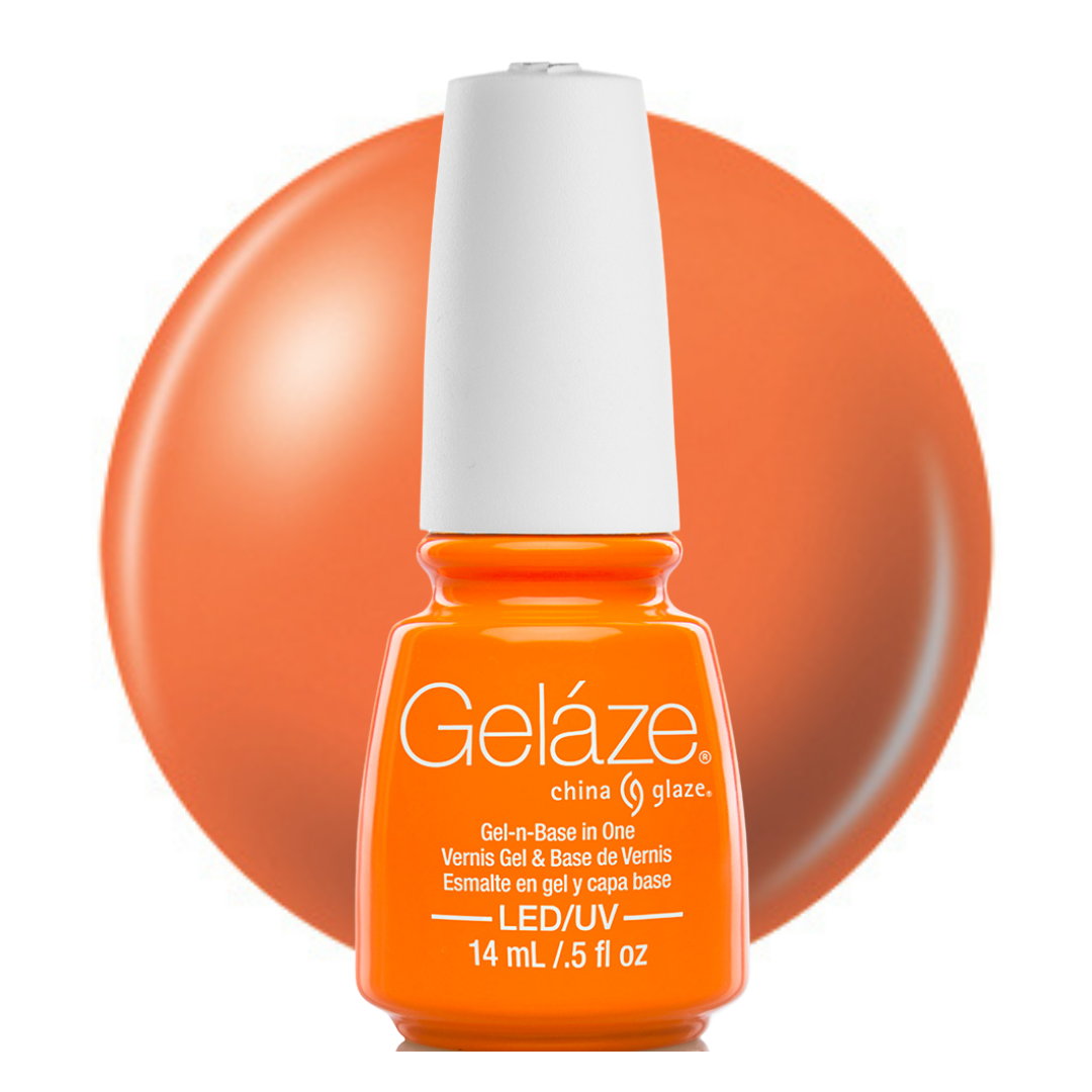 A bottle of Geláze China Glaze LED gel nail polish in a vibrant orange shade, shown in front of a large, matching orange circular color swatch on a white background.