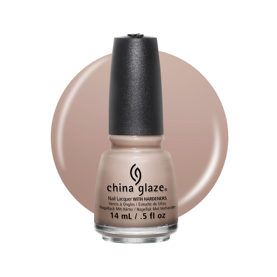 A bottle of China Glaze nail polish in a warm nude beige shade, set against a matching circular color swatch on a white background.
