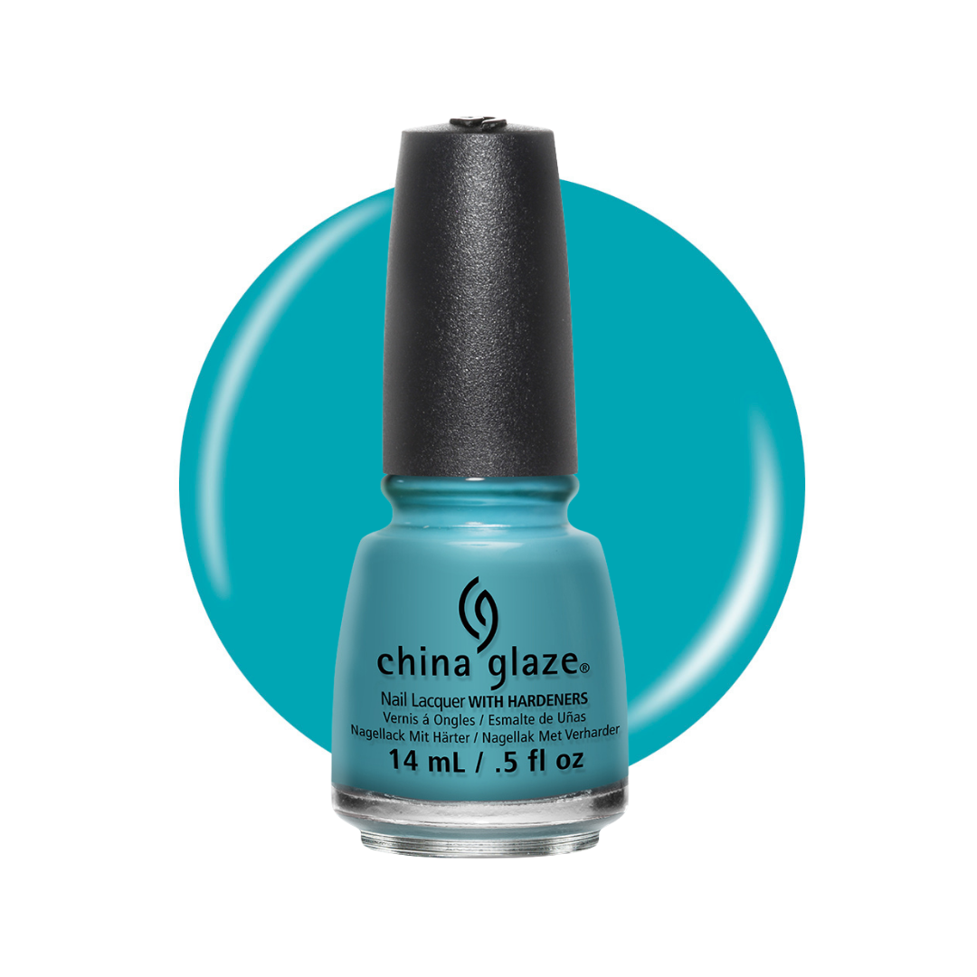 A bottle of China Glaze nail polish in a bright turquoise blue shade, shown against a white background with a matching turquoise circular color swatch behind it.