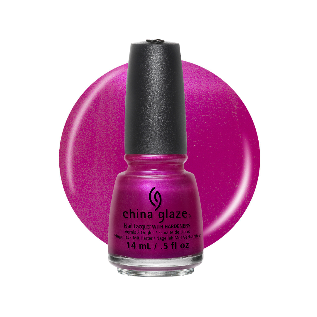 A bottle of China Glaze nail lacquer with a black cap, shown in front of a large circular swatch of the magenta-pink polish color on a white background.