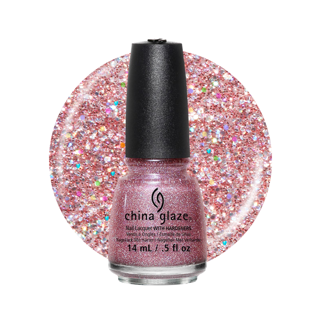 A bottle of China Glaze nail lacquer with hardeners in a sparkling rose gold glitter shade, shown in front of a circular glitter swatch of the same color on a white background.