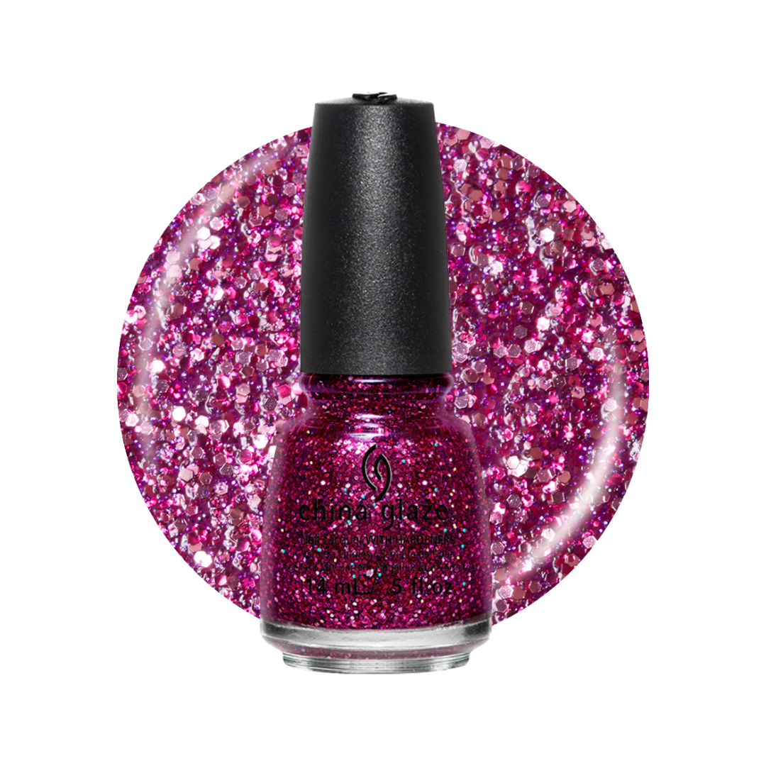A bottle of China Glaze glitter nail polish in a vibrant magenta-pink shade, set against a circular glitter swatch of the same color on a white background.