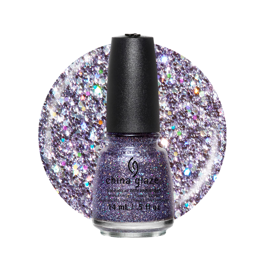 A bottle of China Glaze glitter nail polish in a shimmery lavender-purple shade, shown in front of a circular glitter swatch of the same color on a white background.