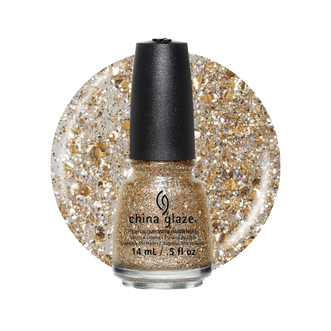 A bottle of China Glaze glitter nail polish in a warm metallic gold shade, shown in front of a circular glitter swatch of the same shade on a white background.