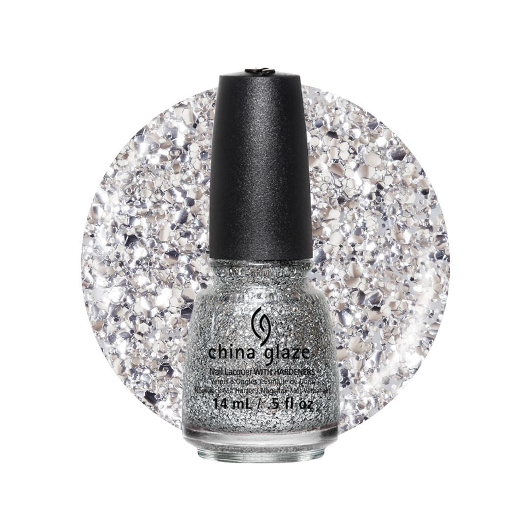 China Glaze glitter nail polish in a clear bottle with a black cap, centered in front of a circular silver glitter swatch on a white background.
