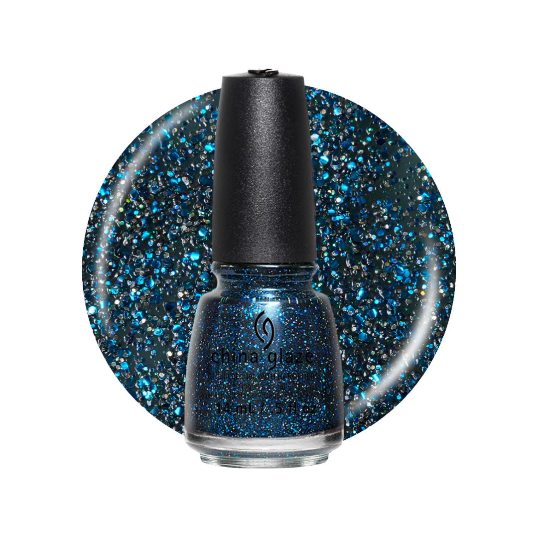 A bottle of China Glaze nail polish with a black cap, shown in front of a circular blue glitter swatch on a white background.