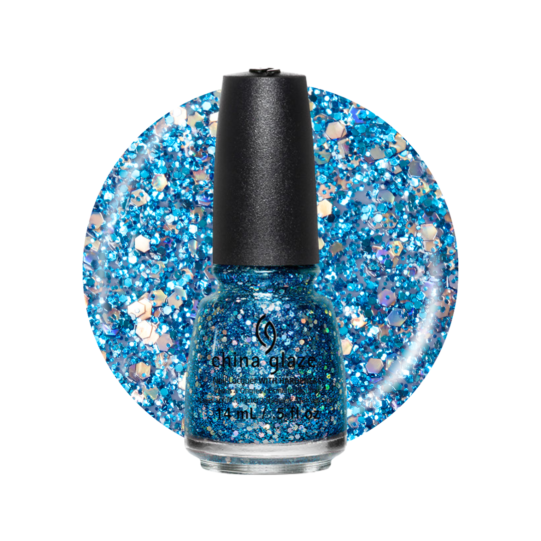 A bottle of China Glaze glitter nail polish in a vibrant blue shade with iridescent sparkle, shown in front of a circular blue glitter swatch on a white background.