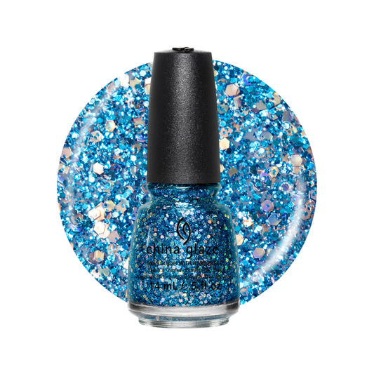 A bottle of China Glaze glitter nail polish in a vibrant blue shade with iridescent sparkle, shown in front of a circular blue glitter swatch on a white background.